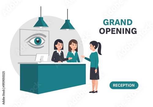 Receptionist Welcoming Guest at New Business Front Desk Grand Opening Event