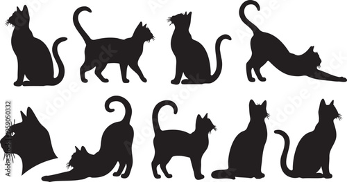 Black cat silhouettes collection, set of 9 feline vector elements, domestic cat poses in profile, minimalist animal shapes for graphic design