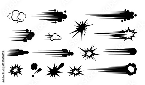 A collection of black and white comic book style explosion and motion effect vector graphics on a plain white background for use in digital designs