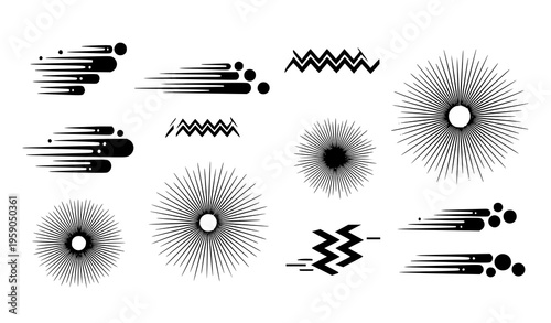 A set of modern black and white vector graphic design elements including abstract burst shapes and dynamic motion lines on a clean white background