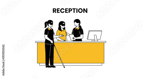 Receptionists Assisting Visually Impaired Person at Desk with Digital Computer Display