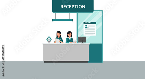 Receptionists at Hospital Desk Providing Medical Care Information in Modern Design