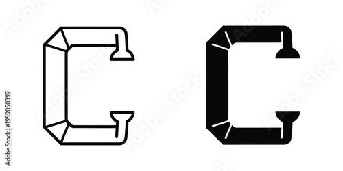 Isometric and perspective views of a bold letter c with directional arrows