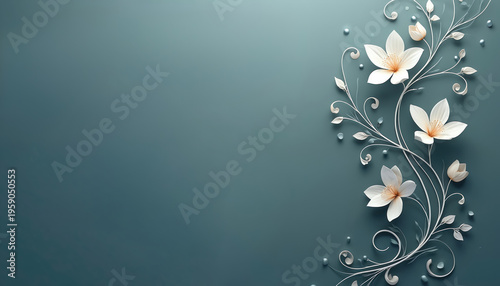 Elegant white flowers and delicate branches adorn a muted teal background. Symmetrical floral design with subtle curves and round accents creates a soft, modern graphic style for creative use.
