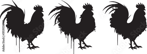 Grunge rooster silhouette set with paint drips, rustic farm bird vector collection, black cockerel stencils for organic food branding and logos