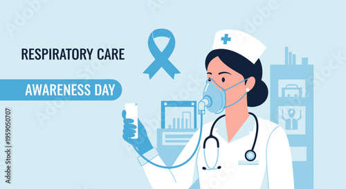 Respiratory Care Awareness Day Illustration Featuring Medical Nurse And Oxygen Mask
