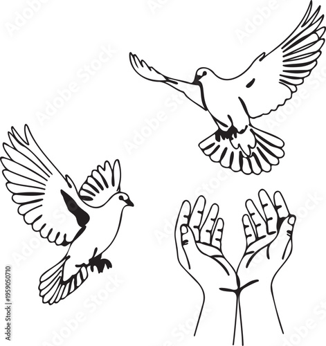Minimalist dove bird line art vector, flying white pigeons with human hands, symbolic peace and freedom illustration for religious or spiritual design