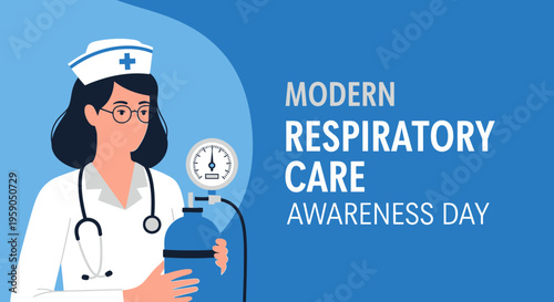 Respiratory Care Awareness Day: Nurse Holding Oxygen Tank Against Blue Background.