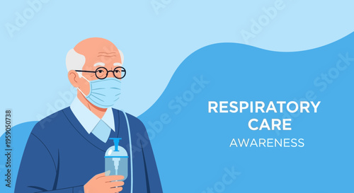 Respiratory Health Awareness Illustration: Elderly Man With Mask, Sanitizer, and Blue Background