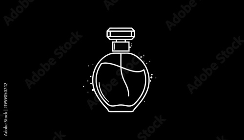 Minimalist white outline of a perfume bottle on a black background, elegant and modern design.