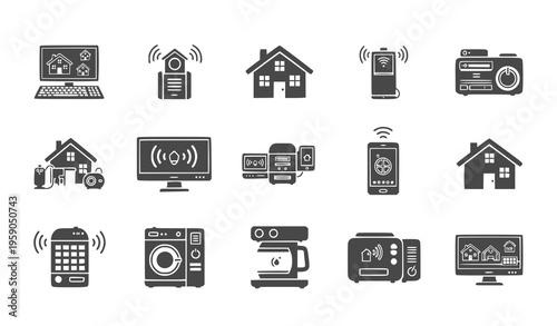 A set of black and white vector icons depicting various smart home devices and appliances with wireless connectivity
