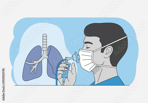 Respiratory Support Depiction: Illustrated Person Using Inhaler with Lung Anatomy Displayed