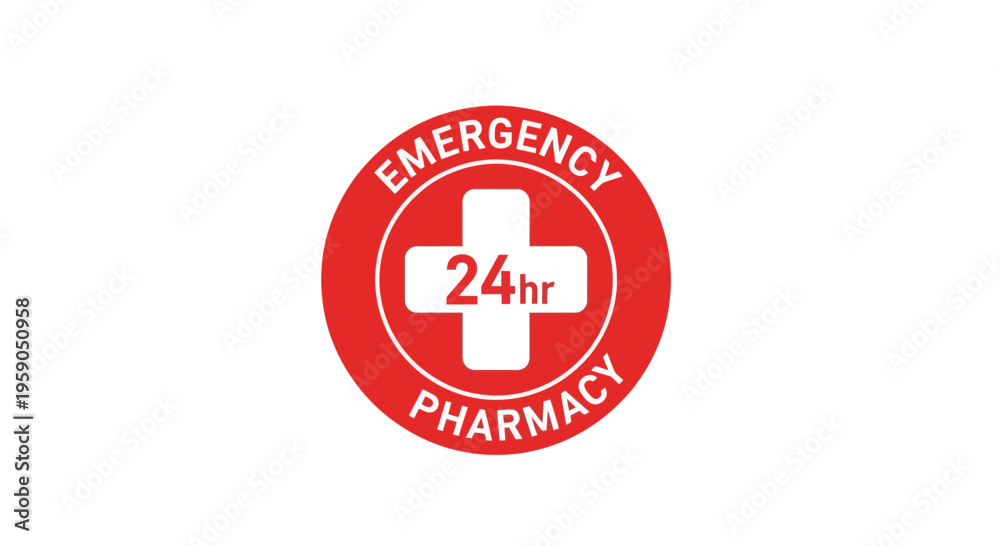 Obraz premium Round Red Emblem Illustrates 24hr Emergency Pharmacy Availability And Immediate Assistance.