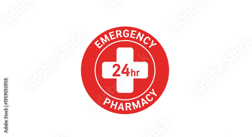 Round Red Emblem Illustrates 24hr Emergency Pharmacy Availability And Immediate Assistance.