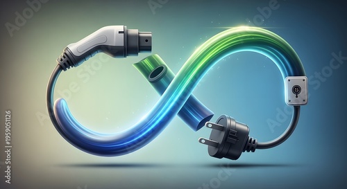 A glowing blue and green infinity loop ending in an EV charger and standard plug, symbolizing sustainable and renewable power.