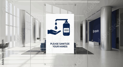 Sanitization Signage Inside Modern Office Building, Cleanliness And Safety Measures.