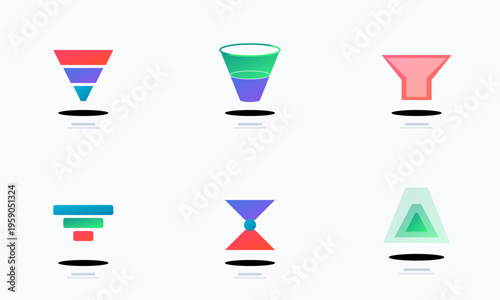 A collection of colorful funnel and geometric icons representing various data processing concepts