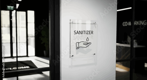 Sanitizer Signage Indicates Cleanliness in Modern Workspace or Office Building Setting