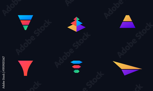 A collection of colorful geometric shapes and funnel icons arranged on a dark background display