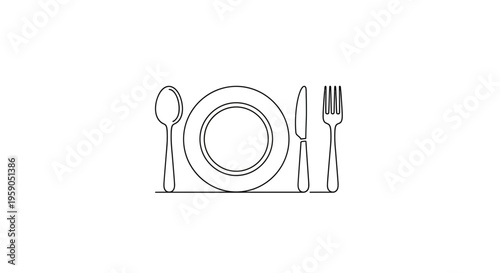 Minimalist Line Art: Plate, Fork, Knife, Spoon - Simple Table Setting Icon