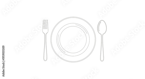 Minimalist Line Art: Plate, Fork, and Spoon Setting for a Meal