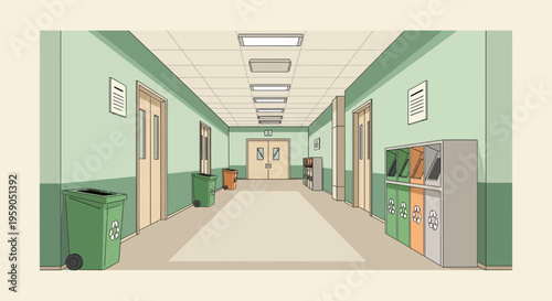 School Corridor Illustration Representing Environmental Sustainability And Cleanliness