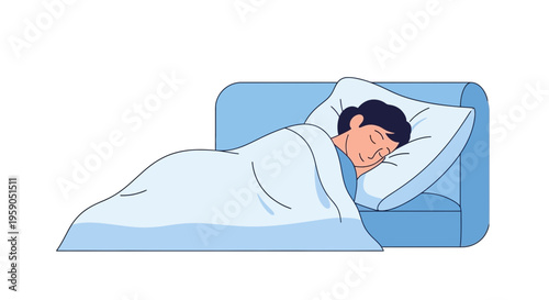 Serene Dreamscape: A Peaceful Illustration of a Person Asleep in a Blue Bed