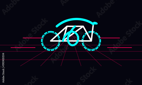 A stylized digital graphic illustration featuring a minimalist bicycle icon on a dark background