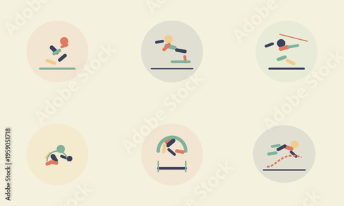 Yoga, fitness icons, vector illustrations, colorful, minimalist design, exercise graphics, 6-pack, circular badges