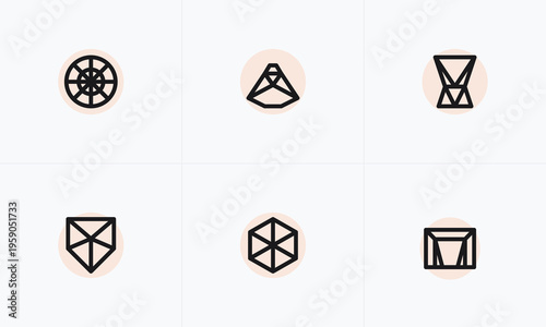 A collection of six minimalist geometric line art logos displayed on a clean white background grid