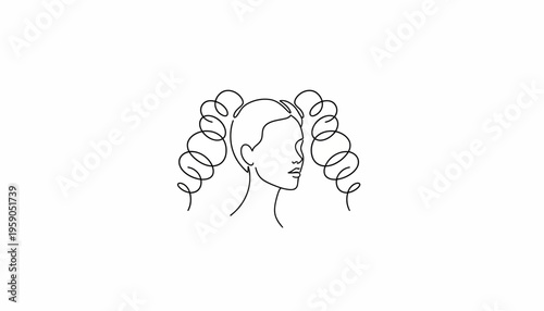 Minimalist line art portrait of a woman with curly pigtails, elegant profile, abstract beauty