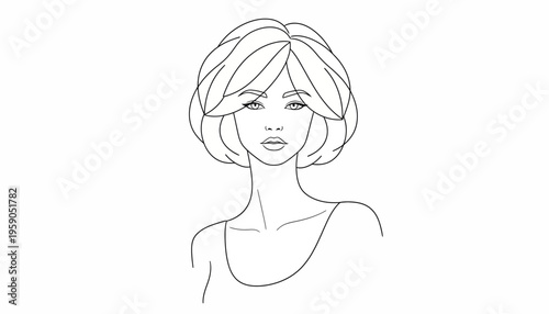 Minimalist line art portrait of a woman with short bob hairstyle, elegant beauty sketch