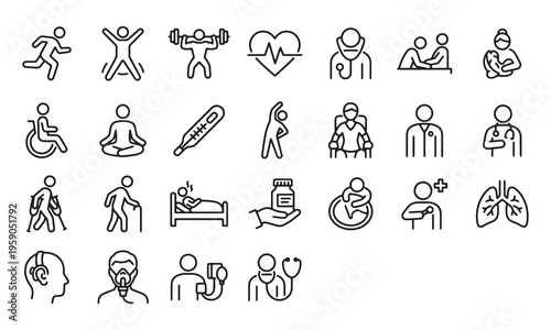 Collection of medical health and wellness icons with transparent background
