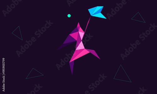 Abstract geometric figure composed of vibrant polygonal shapes floating in a dark space background
