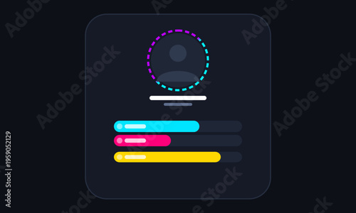 Minimalist user profile card design with progress bars and circular avatar frame on dark background