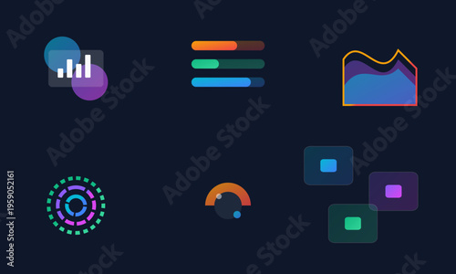 A collection of colorful modern minimalist data visualization icons on a dark blue background