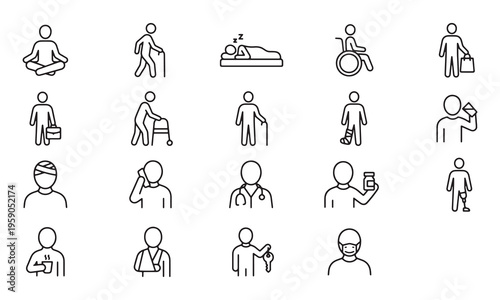 Set of diverse medical and healthcare related icons featuring various activities and professions