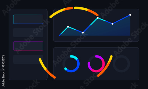 A minimalist dark mode digital dashboard interface featuring abstract line and circular data charts