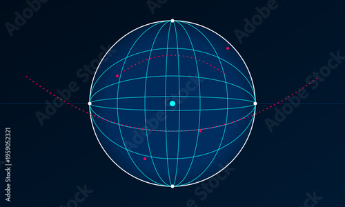 A minimalist digital illustration of a glowing globe grid with a red orbital trajectory path