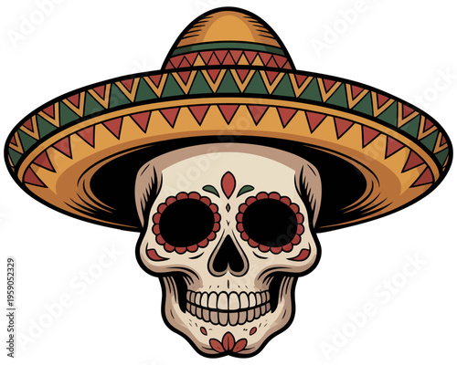 Mexican skull with sombrero hat cinco de mayo vector