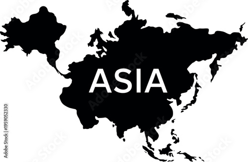 Asia map silhouette with continent name in minimalist black geographic design