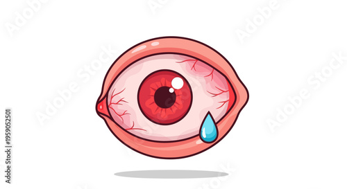Cartoon illustration of a red, injured eye with a tear drop, symbolizing eye damage or injury in a graphic resource.