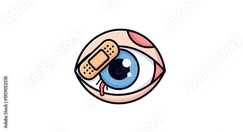A cartoon eye with a band-aid and bruising, symbolizing an injured eye or eye damage warning, on a plain white background.