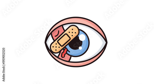 A cartoon eye injury icon illustration with a band-aid and bruised skin, depicted as a swollen eye symbol with a warning sign, set against a clean white background.