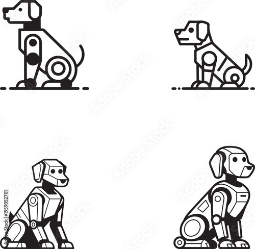 Four different simple line art robot dogs sitting in various poses representing artificial intelligence and future technology