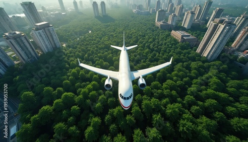 Airplane flies over dense green forest. Tall city buildings surround trees. Aerial view shows urban nature integration. Transport contrasts with ecology.