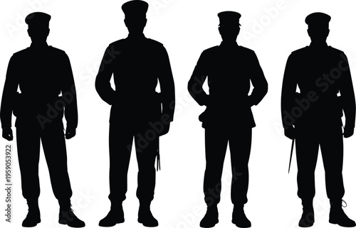 Silhouettes of Four Brave Soldiers in Uniform Standing Professionally in a Row Isolated on a Clean White Background for Design