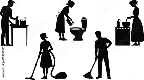 Silhouettes of People Performing Various Housekeeping Tasks Including Vacuuming Sweeping Cooking and Cleaning Toilet Isolated on a White Background Vector