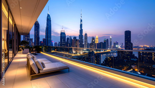 Luxury high rise apartment balcony with glass railing lounge chair sleek modern outdoor wallpaper