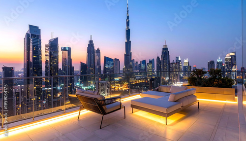 Modern luxury balcony space with glass barrier stylish lounge seating elegant outdoor aesthetic wallpaper